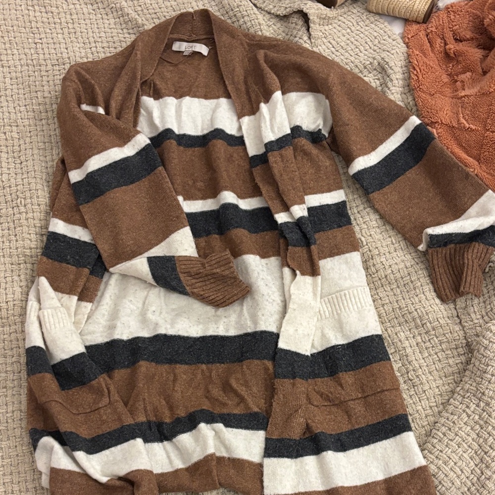LOFT Brown, White, and Black Striped Cardigan